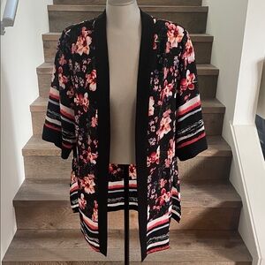 I.N. Studio Black Floral Open-Front Cardigan with Pink Accents